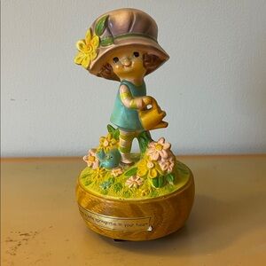 Vintage Mopsie World Musical Figurine with Flowers Bird Watering Can